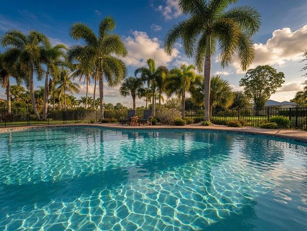 Pool with palm trees and the golf course beyond
