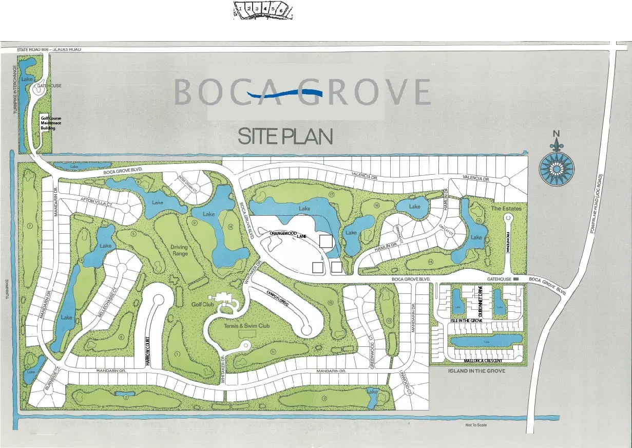 Boca Grove Plantation Site Plan showing neighborhoods, golf course, lakes, Tennis & Swim Club, and street layout including Mandarin Dr, Valencia Dr, Boca Grove Blvd, and The Estates